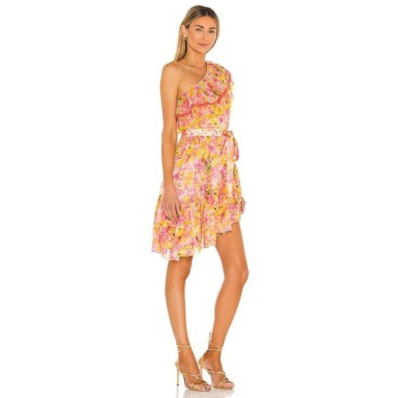 ROCOCO SAND Georgette One Shoulder Ruffled Dress In Yellow - Small - Picture 4 of 5